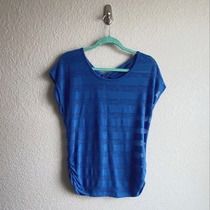 Blue short sleeve twist back see through tee, women's medium